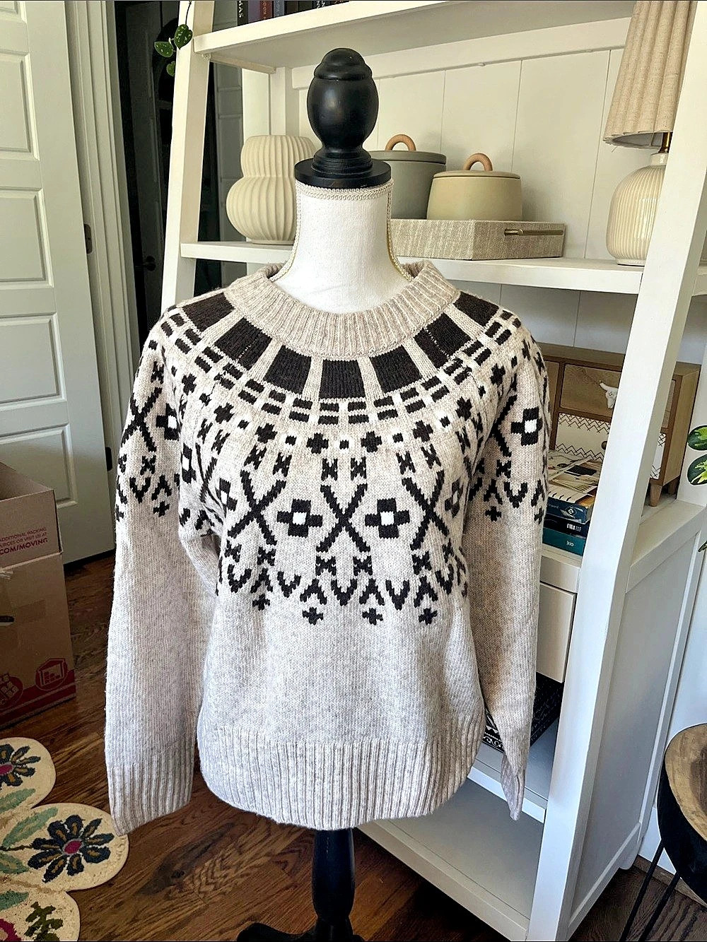 NWOT SONOMA goods for life Geometric Crewneck Sweater in Cream & Brown Size Smal